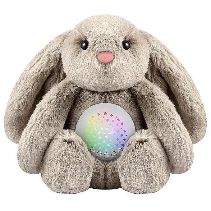 BEREST Baby Sleep Soother Bedtime Bunny with Starry Projector Night Light, Plush Stuffed Animal for Newborn Infants, Lullaby Music, White Noise, Mother's Heartbeat for Boys & Girls Shower Gifts