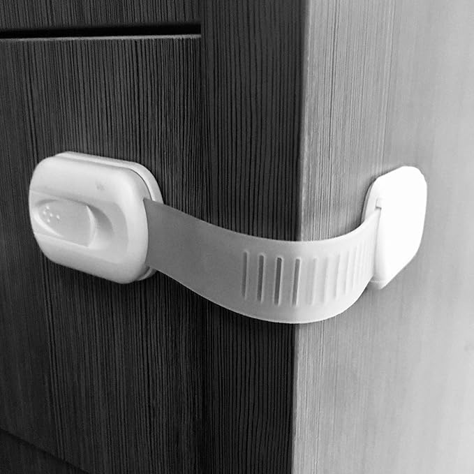 16 Pack Vmaisi Multi-Use Adhesive Straps Locks - Childproofing Baby Proofing Cabinet Latches for Drawers, Fridge, Dishwasher, Toilet Seat, Cupboard, Oven,Trash Can, No Drilling (White) (16)