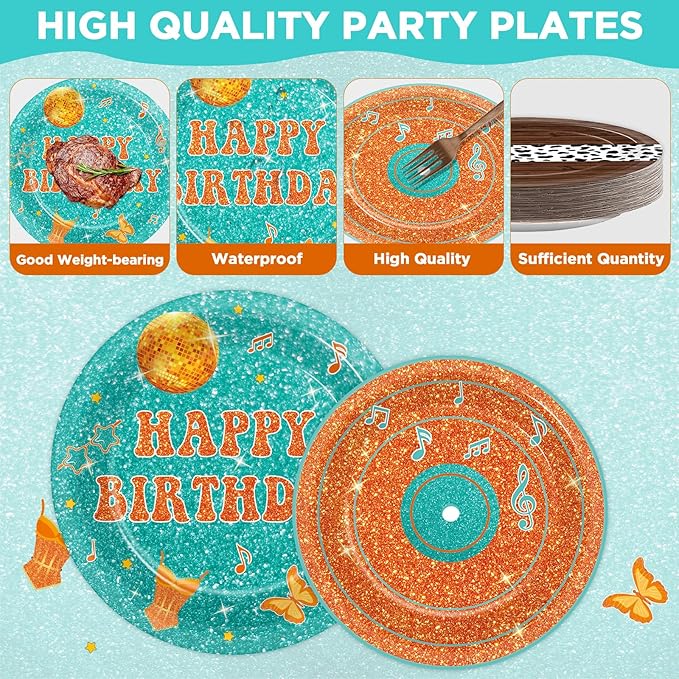 96PCS Popular Singer Birthday Party Paper Plates and Napkins Music Lover Party Decoration Pop Singer Theme Party Supplies Orange Green Glitter Tableware Set Serves 24 Guests Girls Baby Shower Favor