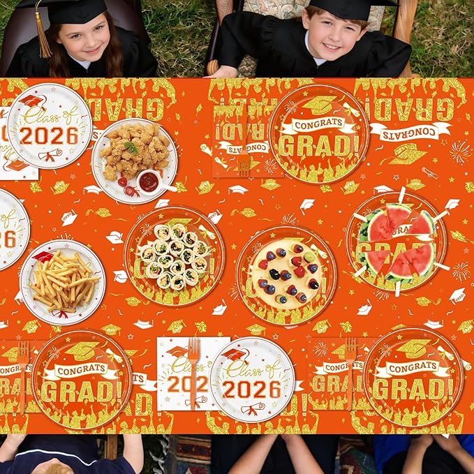 Graduation Plates and Napkins Party Supplies 2026 Graduation Decorations for 24,Orange Disposable Grad Plates Class of 2026 Dessert Plates Napkins,Tablecloth,Forks,for Congrats Grad Party Decorations