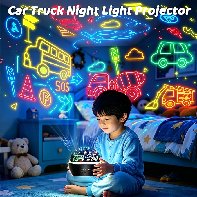 MINGKIDS Night Light for Kids,2 in 1 Rotating Projector Lamp with Dino&Vehicles Theme,2 Ways to Charge,Baby Night Light Ceiling Projector for Bedroom Kids Room Decor