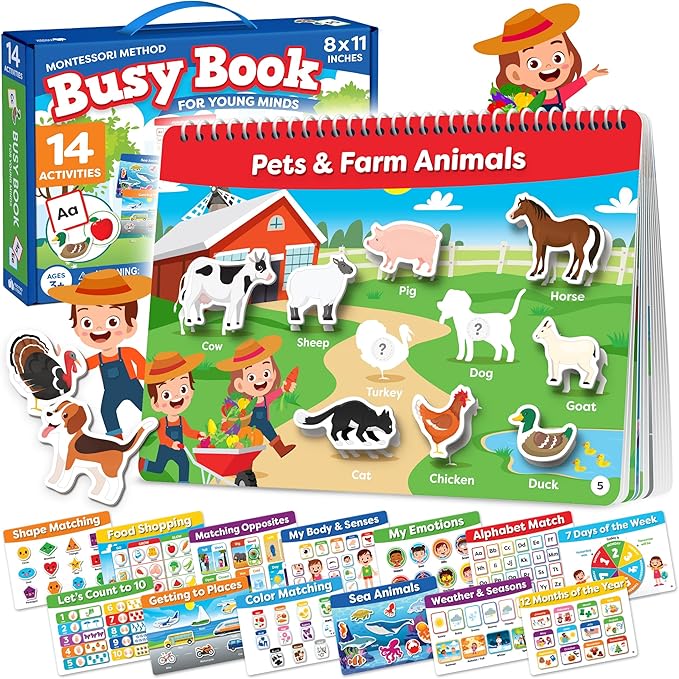 Montessori Preschool Busy Book for Toddlers Ages 3 and Up - Preassembled - Preschool Learning Activities Montessori Educational Toys - Gifts for 3 Year Old Boys, Toddler Learning Toys Activities