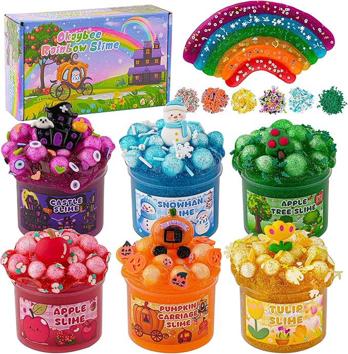 6 Pack Glitter Crunchy Slime Kit, Rainbow Slime for Kids, Christmas Stocking Stuffers, Slime Party Favors Sensory Toys, Holiday Birthday Easter Hallowmas Christmas Girls Gift & Boys Gift