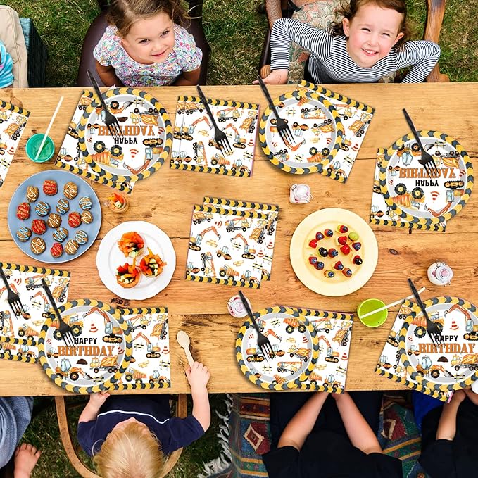 100 Pcs Construction Birthday Party Plates and Napkins Set Dump Truck Birthday Party Decorations Supplies Construction Tableware Construction Themed Party Favors for Boys Birthday Serves 25