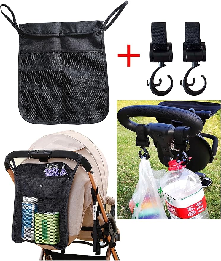 Umbrella Stroller Organizer With Two pockets for diapers, wipes,snacks and other necessities,Detachable Straps,with 2 extra Plastic Organizer Hooks (Pink)