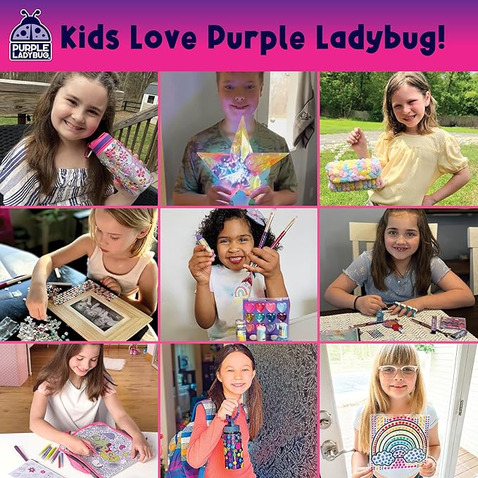 PURPLE LADYBUG Kids Picture Frame Mosaic Kit with Sparkly Gems - Fun Arts & Crafts for Girls 8-12 6-8, Great Gifts for Birthday for 6 7 8 9 10 11 12 Girls - Ideal for Sleepovers, Playdates