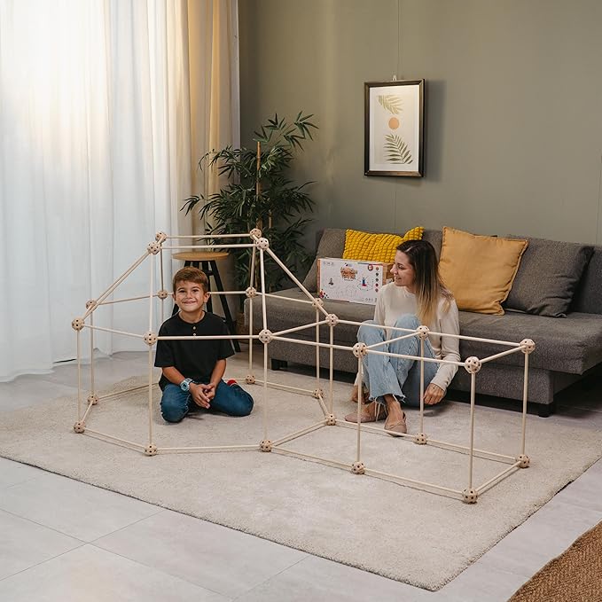 MIND KIDZ Wooden Fort Building Kit for Kids - STEM Montessori construction toy - 52 rods & 30 spheres, Eco-friendly play set for boys & girls