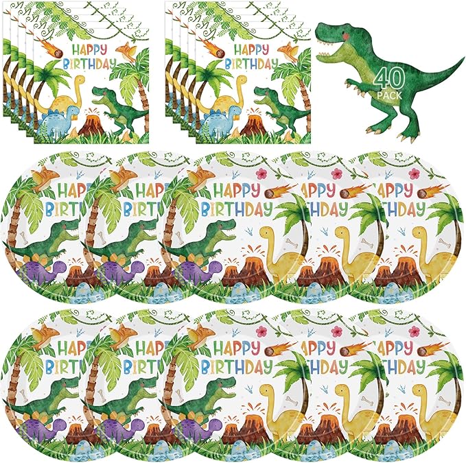 40 Pcs Dinosaur Plates and Napkins Sets - Happy Birthday Dino Party Supplies Tableware, Watercolor Disposable Paper Plates Napkins Kit for Dinosaur Birthday Party Decorations Table Decor, Serves 20