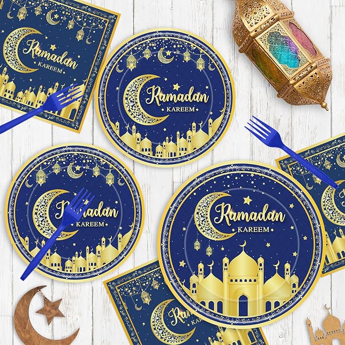 96 Pcs Ramadan Plates and Napkins Forks Sets - Blue Gold Eid Mubarak Themed Round Tableware, Disposable KAREEM Paper Plates Napkins Kit for Ramadan Party Supplies Favors Table Decorations, Serves 24