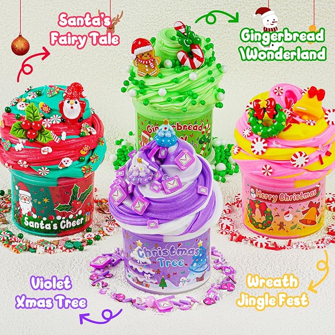 LAWOHO Christmas Stocking Stuffers for Kids, 4 Pack Christmas Slime Balls with Butter Slime & Xmas Add-ins, Slime kit for Girls & Boys Kids Stocking Stuffers, Xmas Gifts for 4 5 6 7 8 9 10+ Year Old