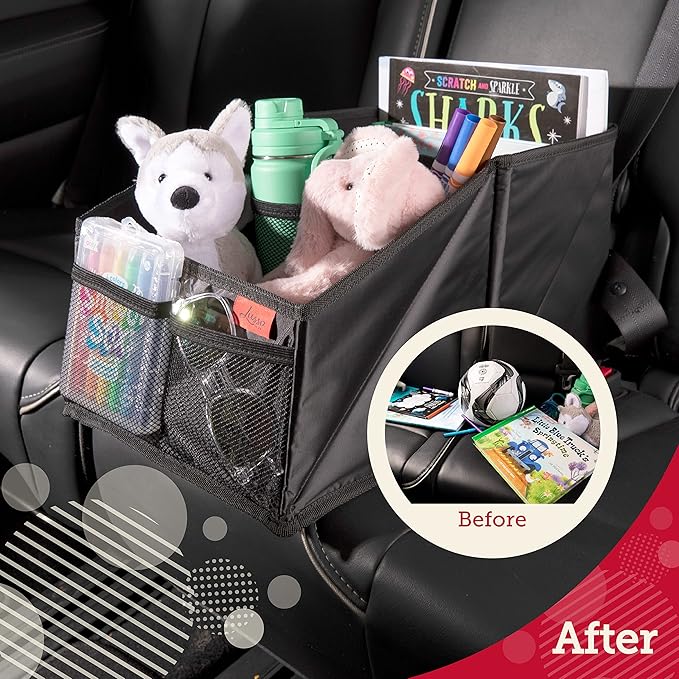 Lusso Gear Car Seat Organizer - Built-In Car Cup Holders & Mesh Pockets - Foldable Back Seat Organizer with Handles - Kids Road Trip Essentials - 9 Compartments, Black Oxford