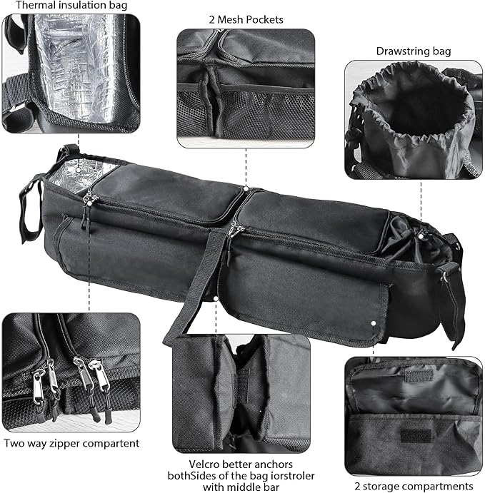 Double Stroller Organizer, Parent Console Double Baby Stroller Accessories Compatible with Jeep, for Bob Duallie, for City Mini GT2, Baby Travel Essential Storage Attachment, Black