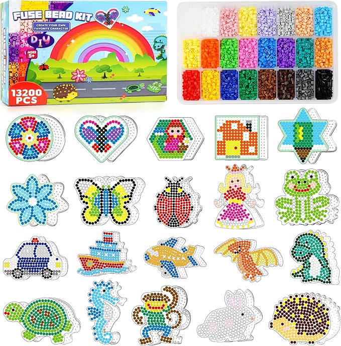 FUNZBO 13200 5mm Fuse Beads Kit - Fuse Beads Set with 20 pcs Special Shaped Pegboards, Home School Arts and Crafts Supplies for Kids, Birthday Gifts for Girls and Boys Age 5+ Years Old