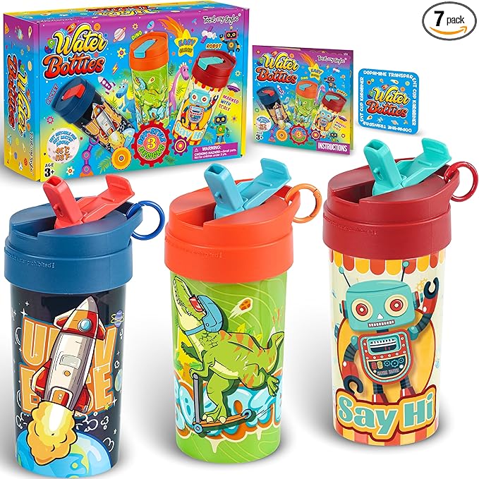 3 Packs Boy Designs 17oz Kids Water Bottle, Total My Style Spout Covered and Carry Handle Designed Lid Leak Proof BPA Free for Boys Ages 3+ Dishwasher Safe for Sports School Travel with Silicone Straw