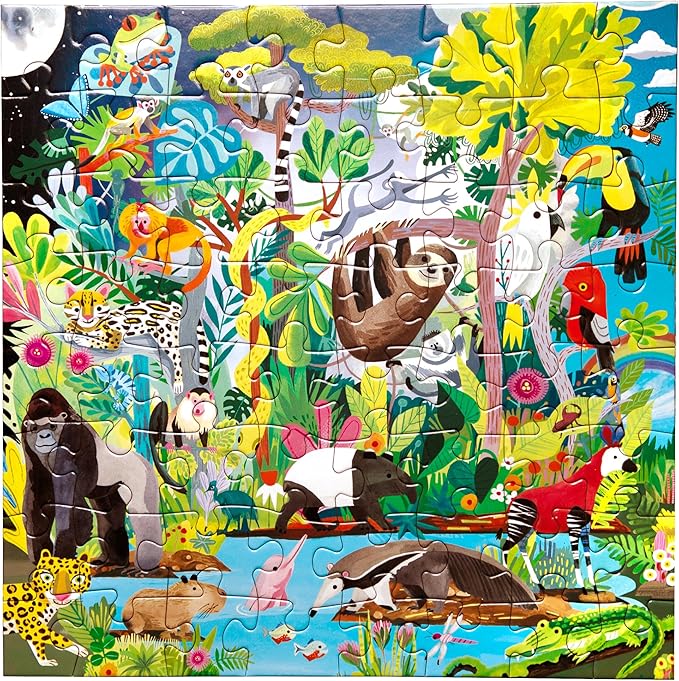 eeBoo: Rainforest - 64 Piece Puzzle - 15" x 15" Jigsaw, Vibrant Animal & Nature Scene, Informational Poster, Big Sturdy Dustless Pieces, Kids Ages 5+