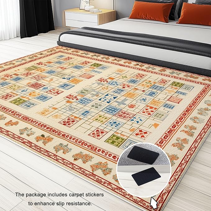 Beige Area Rugs 6 x 9 ft Non-Slip Foldable Machine Washable Rug, Geometric Rectangular Snake Ladder Low-Pile Comfy Fluffy Floormat for Various Scenes Home Decor Aesthetic