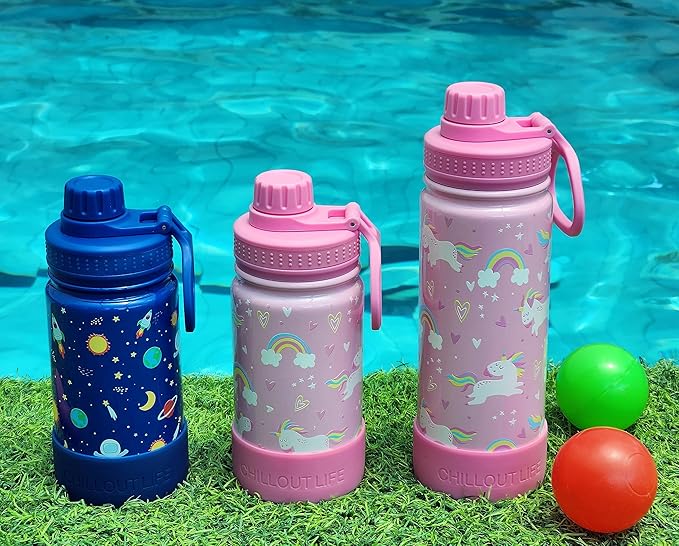 CHILLOUT LIFE 12 oz Kids Insulated Water Bottle for School with Leakproof Spout Lid and Cute Waterproof Stickers, Personalized Stainless Steel Thermos Flask Metal Water Bottle, Blue Space
