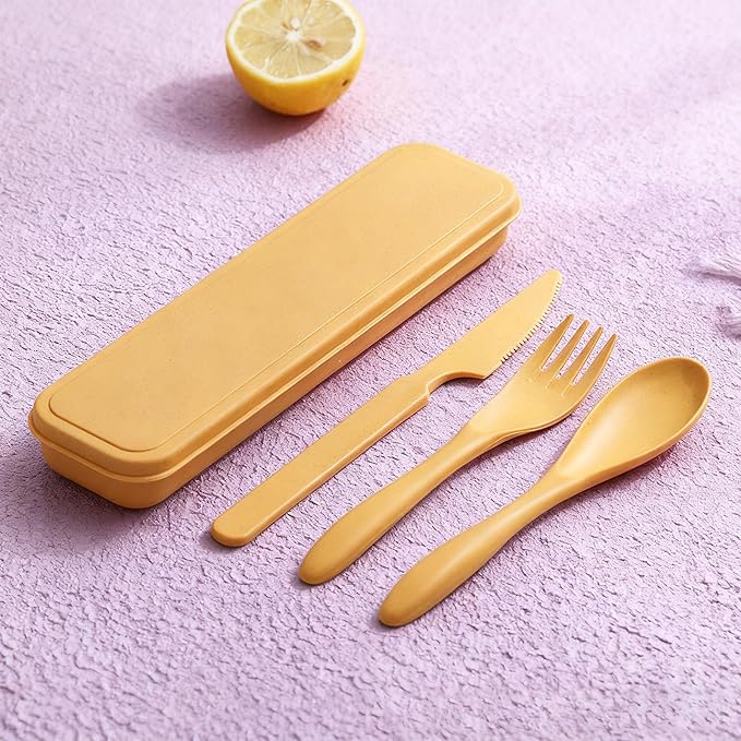 Portable Utensils Set with Case, 6 Sets Wheat Straw Reusable Cutlery, Eco-Friendly Lightweight Knife Fork Spoon Travel Tableware, for Camping, Picnic, Office Lunch, Outdoor Dining, and Daily Use