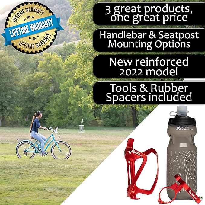 Bike Water Bottle Holder Combo - 20 Oz Squeeze Bottle & Bicycle Mount Cage Rack, No Screws Needed, Durable Alloy - Fits All Handlebar Bikes & MTB Mountain Road - for Adults, Kids (Red)