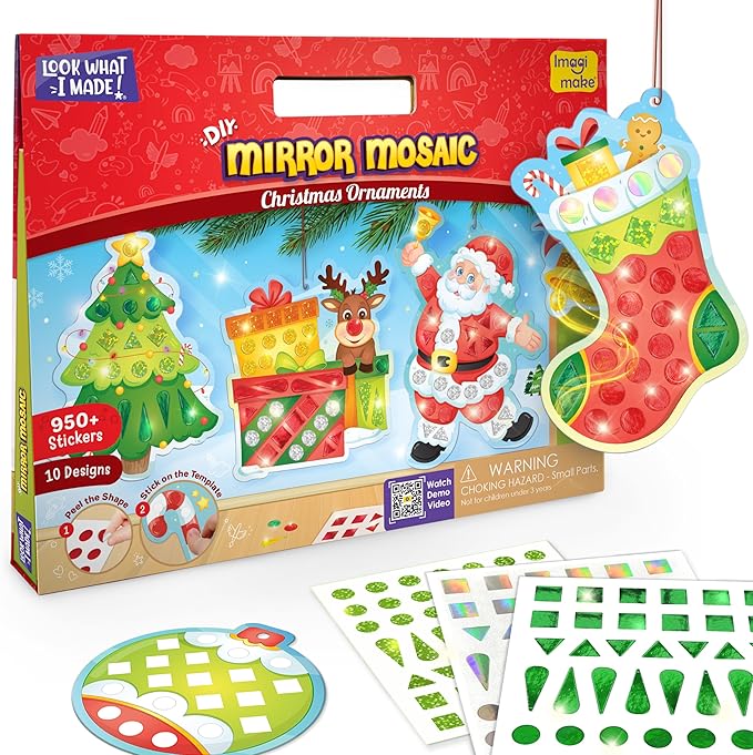 Imagimake Mirror Mosaic Christmas Kids Art Set | DIY Craft Kit | Foil Stickers for Kids | Christmas Activities| Mosaic Kit | Travel Toys | Fun Christmas Gifts for Grandkids Ages 3,4,5,6,7,8