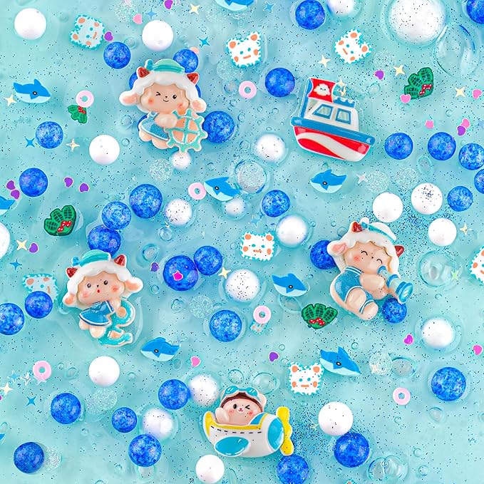 LAWOHO 300ml Ocean Clear Slime with Clay, Blue Slime Kit for Girls & Boys with 11 Packs Ocean Add-Ins for Kids Party Favors, Non Stick Sheep Clear Slimes for Birthday Halloween Christmas Easter Gifts