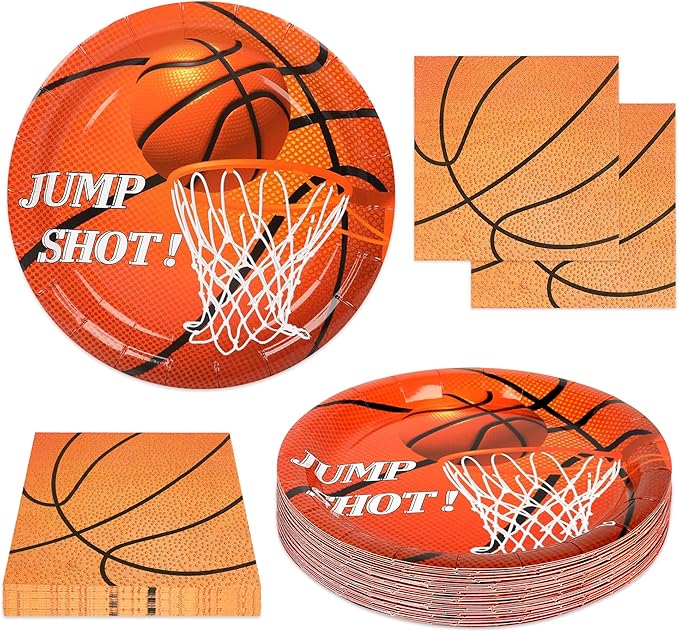 50PCS Basketball Plates and Napkins Party Supplies - 9 Inch Basketball Paper Plates 6.5 Inch Paper Napkins Basketball Birthday Party Decorations for Kids Serves 25