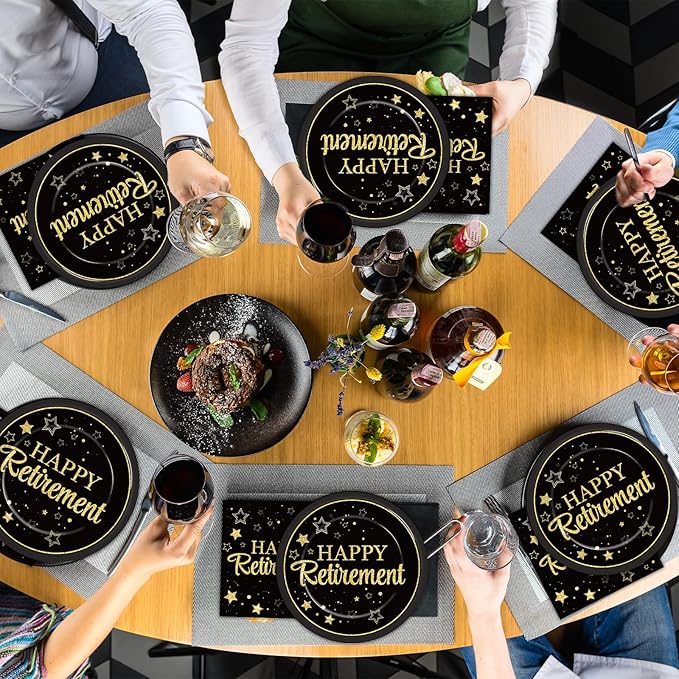 48Pcs Happy Retirement Paper Plates and Napkins Retirement Party Decorations Farewell Black and Gold Party Supplies Disposable Dinnerware Dessert Plates for Birthday Graduation Women Men Serves 24