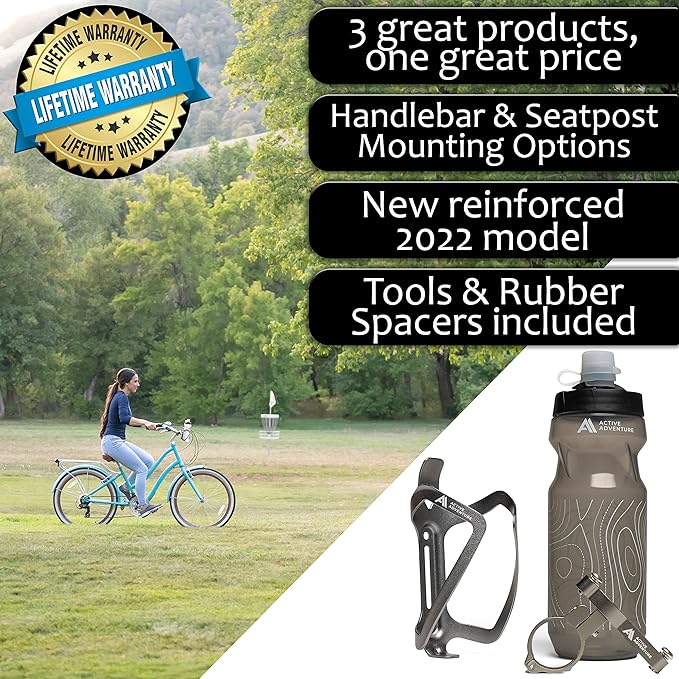 Bike Water Bottle Holder Combo - 20 Oz Squeeze Bottle & Bicycle Mount Cage Rack, No Screws Needed, Durable Alloy - Fits All Handlebar Bikes & MTB Mountain Road - for Adults, Kids (Gray)