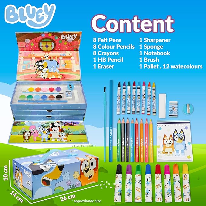 Bluey Colored Pencils Art Supplies for Boys Girls Drawing Kit Painting School Supplies Art Kit Travel Case Gifts for Kids (Blue 3 Tier)