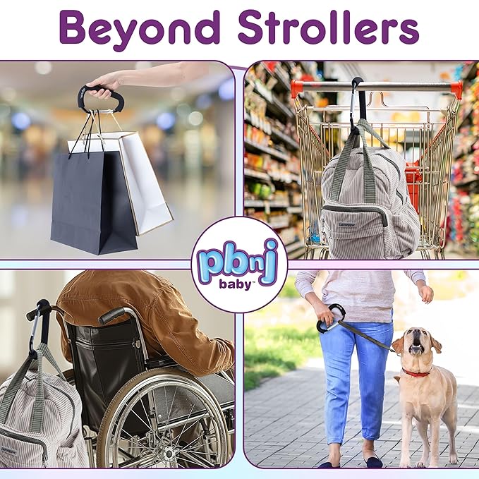 PBnJ baby Stroller Hooks for Hanging Diaper Bags - Mommy Stroller Clip and Stroller Accessories Organizer Hook - Large Carabiner Clips for Mom Purse Shopping Grocery Bag and Accessory - (1 Pack)