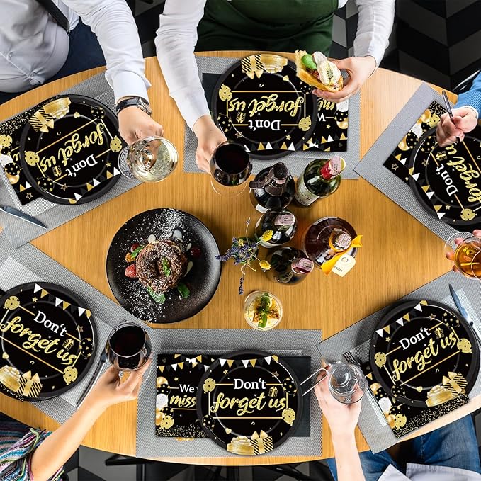 48Pcs We Will Miss You Paper Plates and Napkins Farewell Party Decorations Goodbye Party Supplies Black and Gold Going Away Disposable Tableware Set for Leaving Retirement Graduation Serve 24