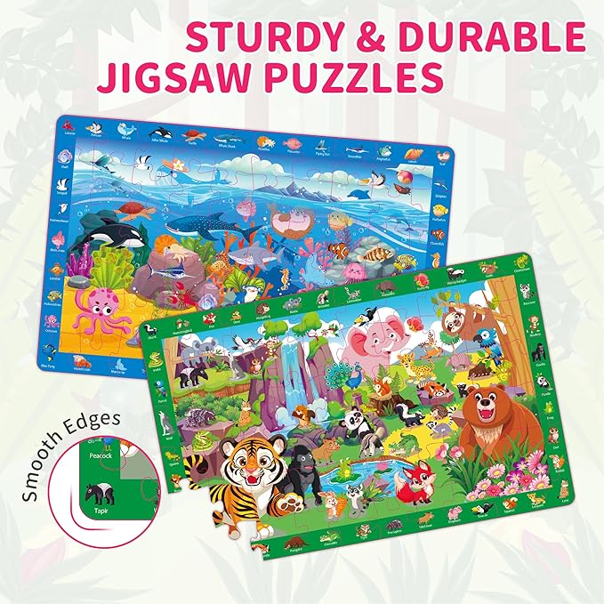 Puzzles for Kids Ages 4-6, 4 x 60 Piece Search and Find Puzzles for Kids Ages 3-5 Boys Girls, Educational Toys Gifts for 3-8 Year Old, Jungle Dinosaur Ocean City