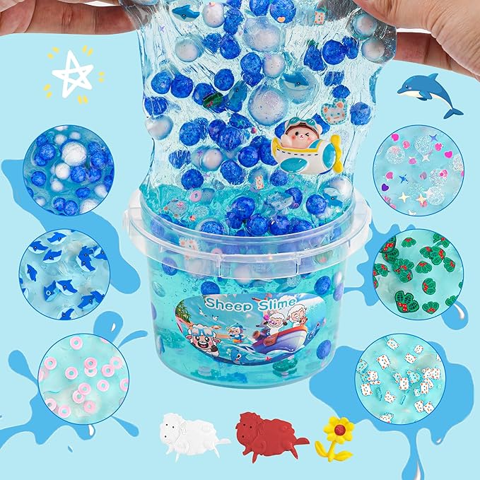 LAWOHO 300ml Ocean Clear Slime with Clay, Blue Slime Kit for Girls & Boys with 11 Packs Ocean Add-Ins for Kids Party Favors, Non Stick Sheep Clear Slimes for Birthday Halloween Christmas Easter Gifts