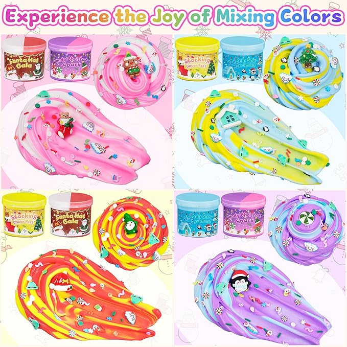4 Pack Christmas Slime Balls with Charms, Christmas Stocking Stuffers for Kids, DIY Butter Slimes Sensory Toys, Slime Party Favors for Girls Boys, Halloween Xmas Gifts for Girls & Boys Kids Ages 4-12