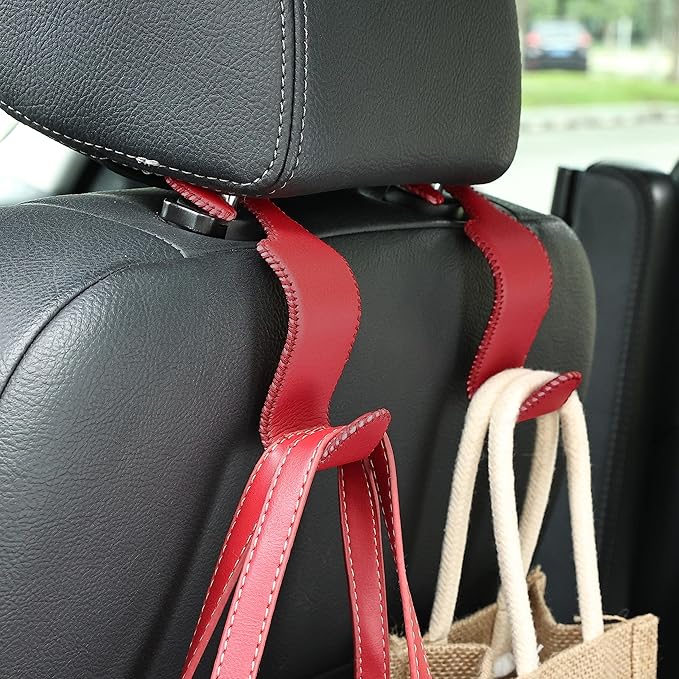 Amooca Car Seat Headrest Hook Universal Vehicle Storage Hanger Leather with Metal Car Seat Back Organizer for Handbag Purse Coat Wine 4 Pack