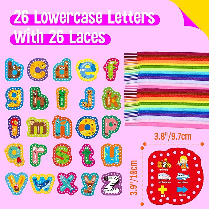 SpriteGru 26PCS Alphabet Lacing Cards, Lowercase Letters Sewing Kit with 26 Double-Sided Cards and 26 Colorful Laces Alphabet Learning Toy Motor Skills Art Crafts for Toddlers, Kids, Students