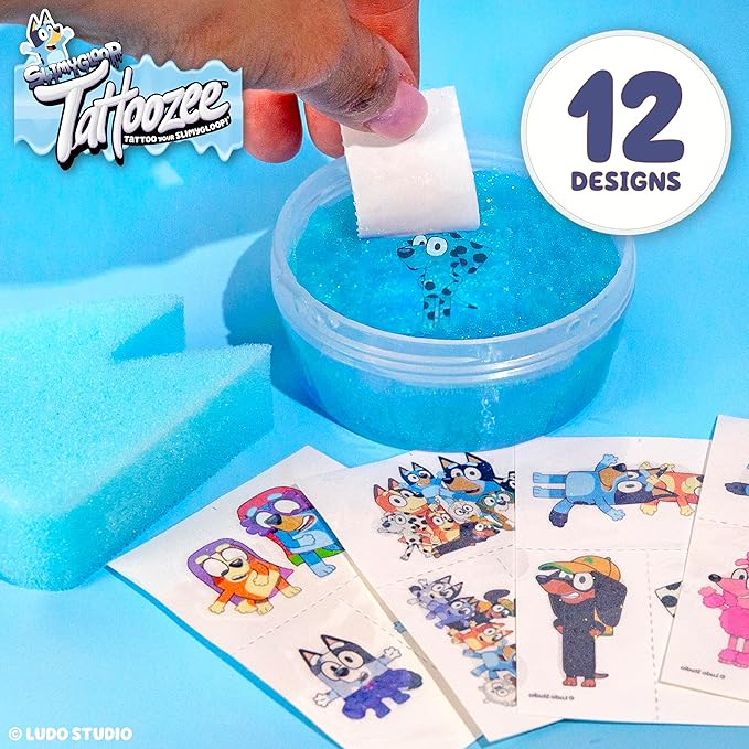 SLIMYGLOOP Tattoozee, Bluey Tattoo Transfer Slime Kit, Sensory Play for Kids Ages 6+, Cotton Candy Scented, Glitter Texture
