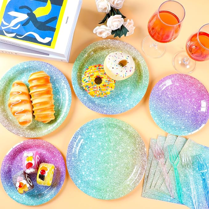 Rainbow Birthday Party Plates Napkins Forks Rainbow Glitter Tableware Set Happy Birthday Dinnerware Colorful Unicorn Glitter Supply for Kids Girls Women Princess Wedding Parties Decorations Serve 24