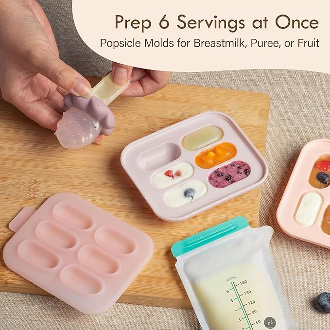 Moonkie Baby Fruit Feeder with Freezer Tray, BPA Free Silicone Food Feeder for Infant Self Feeding, Breastmilk Popsicle Molds, Mesh Feeder with Two Pouches, Baby Shower Gifts 4 Months+, 1 Pack