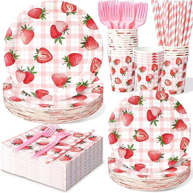 144 Pcs Strawberry Plates and Napkins Tableware Set, Plates Napkins Cups Straws and Forks Sets, Strawberry Party Birthday Supplies, Shortcake Birthday Decorations, Serves 24 Guests