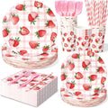 144 Pcs Strawberry Plates and Napkins Tableware Set, Plates Napkins Cups Straws and Forks Sets, Strawberry Party Birthday Supplies, Shortcake Birthday Decorations, Serves 24 Guests