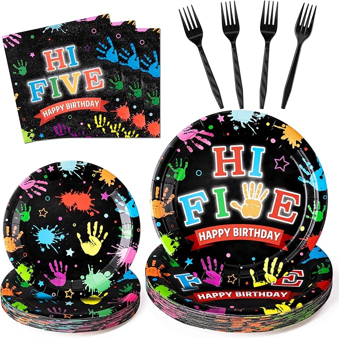 Hi Five Drawing Party Supplies - 96Pcs Art Painting Themed Plates Napkins Forks Tableware Set, Disposable Paper Plates Party Decoration for Kids 5 Years Old Birthday Baby Shower Table Decor, Serve 24
