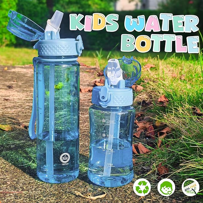 OLDLEY 12oz Kids Motivational Water Bottle With Silicone Straw, Leak-Proof Tritan BPA-Free, Reusable for School Girls & Boys, Baby Blue