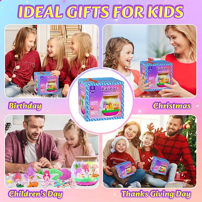 Gifmore Fairy Terrarium Kit for Kids with LED Night Light & Remote Control, Fairy Toys & Arts and Crafts Kit for Girls Ages 4-12, Creative Birthday Christmas Gifts for Children