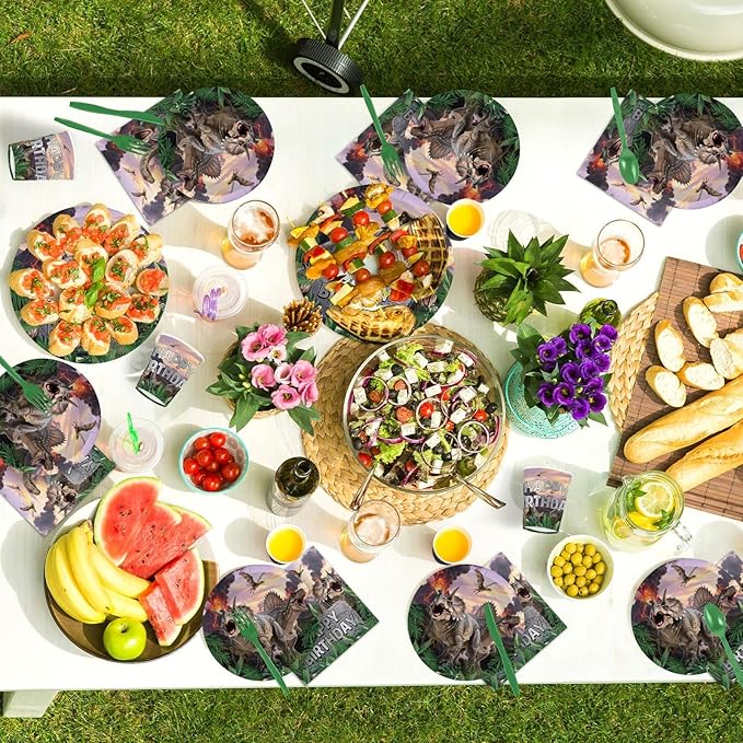 168Pcs Dinosaur Birthday Party Supplies Classic Dino Themed Paper Plates Napkins Cups Realistic Dinosaur Jungle Disposable Tableware for Kids Boys Birthday Party Decorations Serves 24
