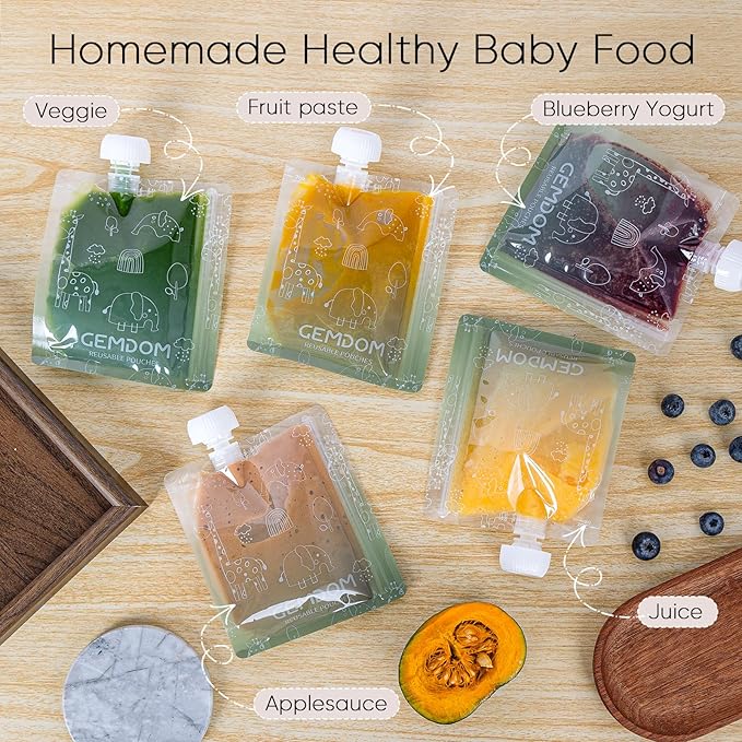 15 Pack Reusable Baby Food Pouches for Toddlers, 7oz/200ml Refillable Squeeze Pouch for Applesauce Yogurt Homemade Organic Puree Juice Snack for Baby Kids Students, BPA Free, Animal Print