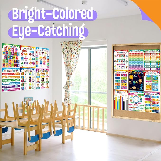 15 Packs Spanish & English Educational Posters, Thick Elementary Bilingual Poster Waterproof & Tearproof with PET Film, Early Language Learning Tool Educational Posters for Kindergarten Preschool