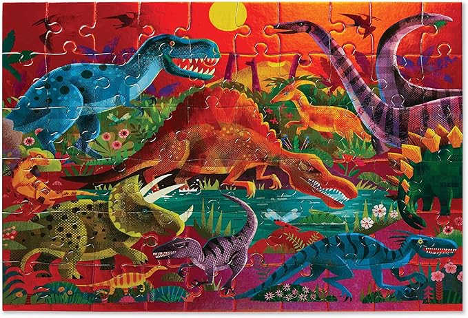 Crocodile Creek 60-Piece Holographic Foil Floor Puzzle for Kids Ages 4-8 and Up - Heavy-Duty Box for Storage - Dazzling Dinosaurs - 14” x 19” Finished