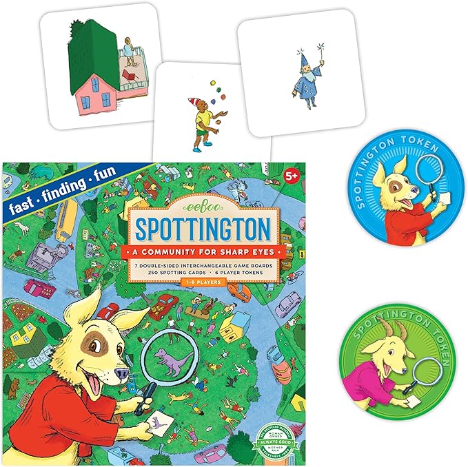 eeBoo: Spottington Board Game, Develops Observational Skills, Focus and Speed, Fast, Finding and Fun, for 1 to 6 Players, Perfect for Ages 5 and up