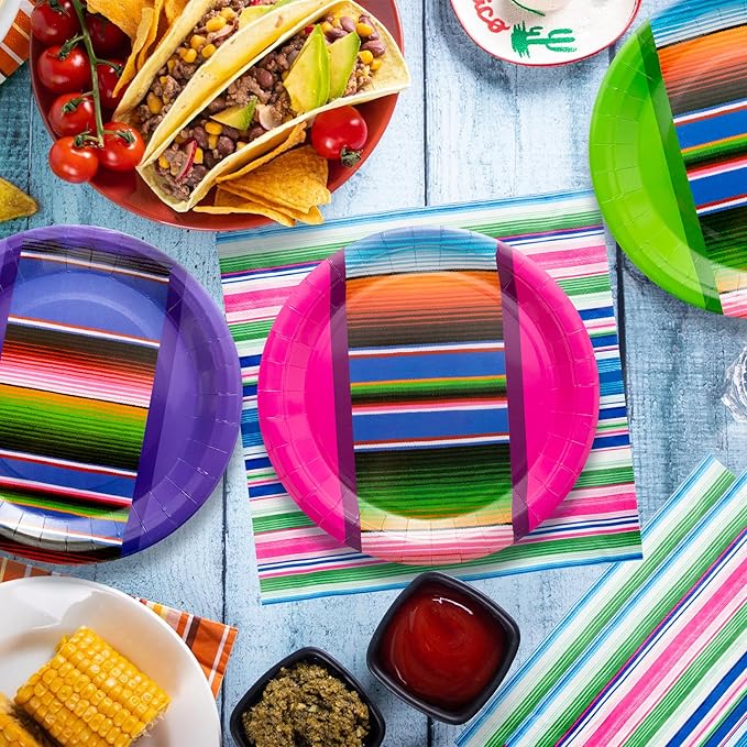 K1tpde Mexico Party Tableware Set - 90PCS Taco Nights Themed Paper Plate Set for Kids Colorful Striped Mexican Birthday Disposable Dinnerware Paper Napkins Forks for Carnival & Fiesta Party Supplies